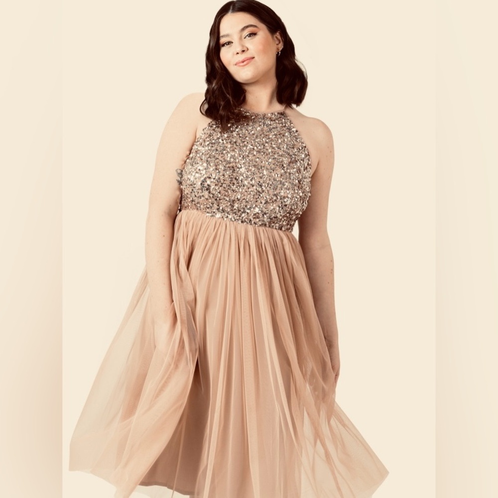 Maya Taupe Blush Embellished Halter Neck Midi Dress